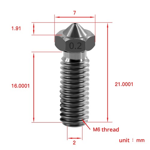 TVÅ TRÄD Vulkanmunstycke i härdat stål 1,75 mm M6-gänga för högtemperatur 3D-utskrift - 0,2 mm