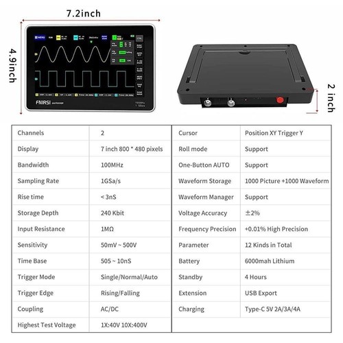 FNIRSI 1013D 7-Zoll-Tablet-Oszilloskop mit 100-facher Hochspannungssonde, 2 Kanäle, 100 MHz Bandbreite, 1 GSa/s Abtastung – EU-Stecker