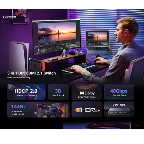 SWITCH SELECTOR HDMI 2.1 DE 3X1 3 ENTRADAS A 1 SALIDA ULTRA HD 4K 120HZ Y  8K 60HZ HDCP 2.3 UGREEN – Compukaed
