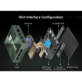 BMAX B6 Pro Mini PC, Intel Core i5-1030NG7 up to 3.5GHz, 16GB LPDDR4 512GB SSD, 2xHDMI Full Feature Type-C 4K Triple Display, 3x USB3.0 1000Mbps RJ45 LAN, Wi-Fi 5 BT 4.2 3.5mm Audio, Windows 11 Pro - EU