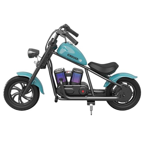 HYPER GOGO Cruiser 12 Plus Electric Motorcycle for Kids 24V 5.2Ah Battery 160W Motor 16km/h Speed 12″ x 3″ Tires, 12km Max Range  with Odometer, Ambient Lights, Simulated Smoke, Bluetooth Speaker – Blue