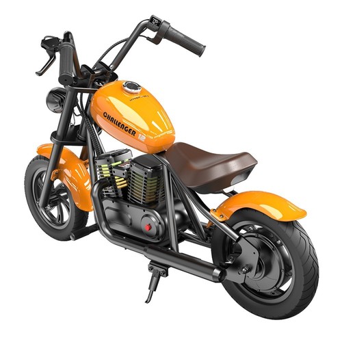 HYPER GOGO Challenger 12 Plus Elektromotorrad für Kinder, 12'' Luftreifen mit Bluetooth-Lautsprecher, simulierter Nebel – Orange