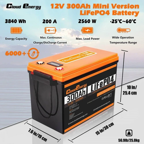Cloudenergy 12V 300Ah LiFePO4 Battery Pack
