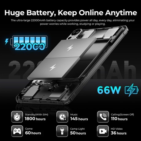 FOSSiBOT DT2 Rugged Tablet, Android 13, 4G Dual SIM, 10.4'' 1200x2000 IPS Display, MTK Helio G99 Octa Core 2.0GHz, 12GB RAM 256GB ROM, WiFi6 Bluetooth5.0, 64MP+32MP Camera, 22000mAh 66W Fast Charge, LED Flasher, Water/Dust/Shock-proof, Face ID - Grey