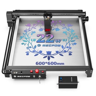 Mecpow X5 22W Laser Engraver Cutter, Auto Air Assist Kit, 0.08x0.1mm Laser Spot, 28000mm/min Engraving Speed, Safety Lock, Emergency Stop, Flame Detection, Offline Engraving, 600x600mm