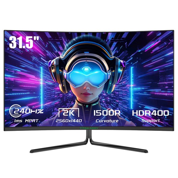 TITAN ARMY C32C1S Gaming Monitor, 31.5-inch 2560x1440 2K 1500R Curved Screen, 240Hz Refresh Rate, HDR400 Brightness, 1ms MPRT, Adaptive Sync, 99% sRGB, Support PIP &amp; PBP Display, Low Blue Light