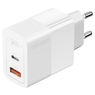 ESSAGER 33W GaN Charger, USB-A + Type-C, PD 3.0 QC 3.0 Fast Charging, Intelligent Charging Protection, for iPhone iPad Xiaomi Mobile Phone Tablet, EU Plug – White