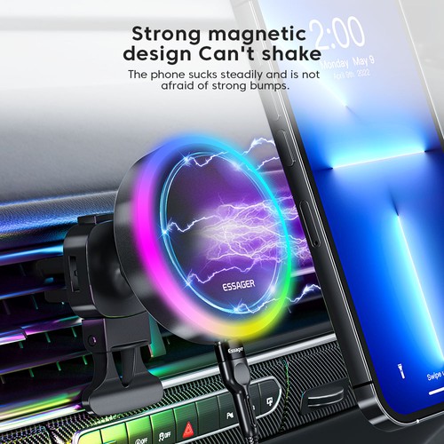 ESSAGER Qi 15W RGB Magnetischer Autotelefonhalter Drahtloses Ladegerät für iPhone 14 13 Pro Max Samsung Universal - Luftauslasstyp