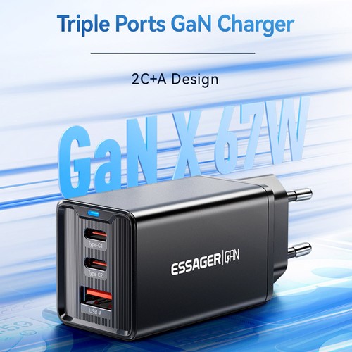 ESSAGER 67W Triple Ports GaN Ladegerät EU Stecker Schwarz