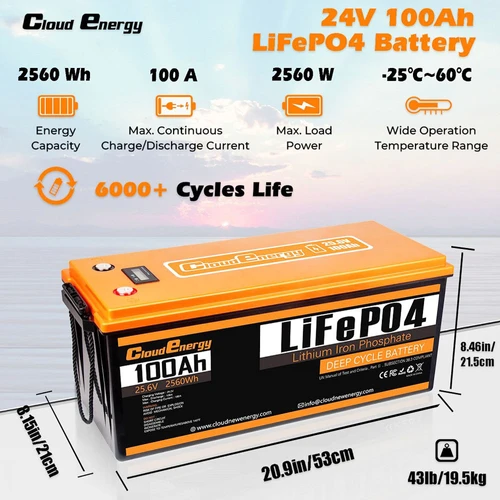Cloudenergy 24V 100Ah LiFePO4 Battery Pack
