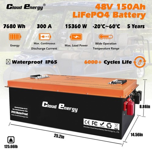 Cloudenergy 48V 150Ah LiFePO4 Deep Cycle Akku für Golfwagen, 7680Wh Energie, integriertes 300A BMS, 6000 Zyklen Lebensdauer