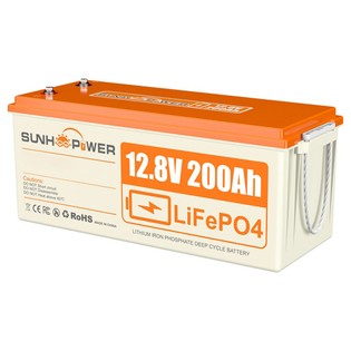 SUNHOOPOWER 12V 200Ah LiFePO4 Battery, 2560Wh Energy, Built-in 100A BMS, Max.1280W Load Power, Max. 100A Charge/Discharge, IP68 Waterproof
