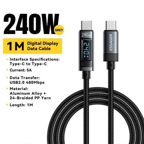 ESSAGER 240 W 5 A Typ-C-auf-Typ-C-Ladekabel, USB2.0 480 Mbit/s, Digitalanzeige, Unterstützung PD3.1 – 1 m