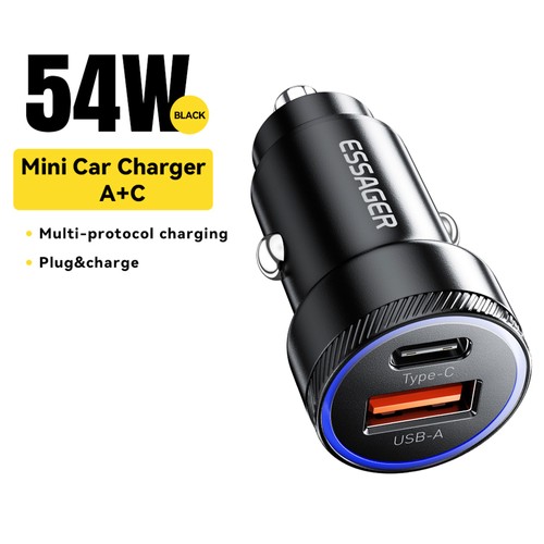 ESSAGER 54W billaddare, USB-A Type-C 2 portar, PD snabbladdning, omgivande ljus, intelligent chip - svart