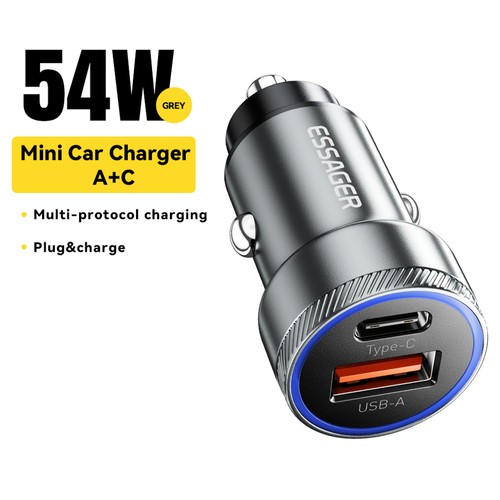 ESSAGER 54W Autoladegerät, USB-A Typ-C 2 Anschlüsse, PD-Schnellladung, Umgebungslicht, intelligenter Chip – Grau