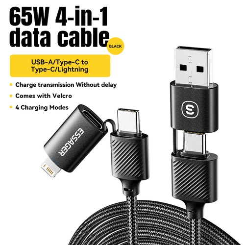 ESSAGER 65W 4 i 1 laddningskabel, USB-A/Type-C till Type-C/Lightning, 4 laddningslägen, 3A, USB2.0 480Mbps - Svart