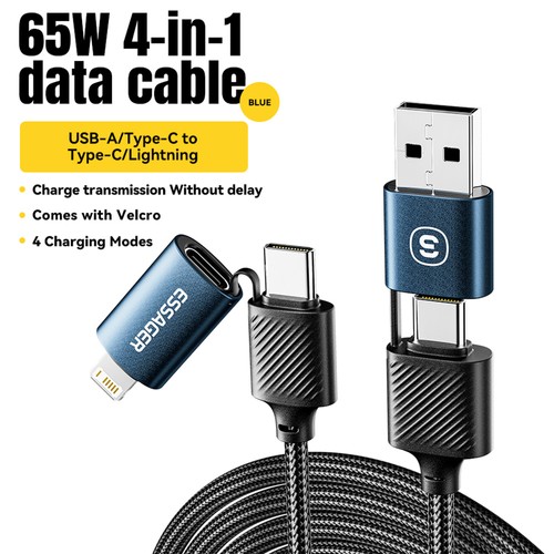 ESSAGER 65 W 4-in-1-Ladekabel, USB-A/Typ-C auf Typ-C/Lightning, 4 Lademodi, 3 A, USB2.0 480 Mbit/s – Blau