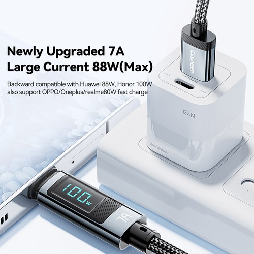 ESSAGER 100 W 7 A USB-A-auf-Typ-C-Ladekabel, Digitalanzeige, USB2.0 480 Mbit/s, mit Klettverschluss, QC-Protokoll