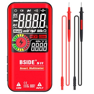 BSIDE S11 Digital Multimeter, Smart Electrician Tester, USB Charge, EBTN Color Display, T-RMS 9999 Counts, DC AC Voltage Capacitor Ohm Diode Tester, Red – with Battery