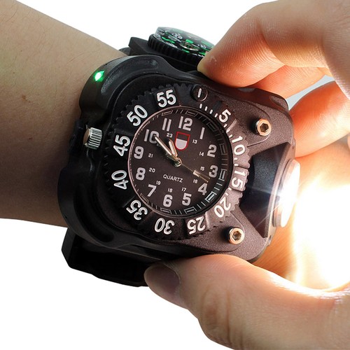 Wasserdichte LED-Armbanduhr mit Kompass, einstellbare 5 Helligkeitsstufen, USB-Aufladung