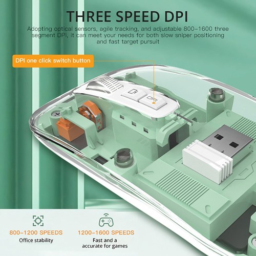 M033 Transparent trådlös mus, 3 anslutningslägen, 800/1200/1600 DPI, Mute Axis, Färgglad andningsljuseffekt - Vit