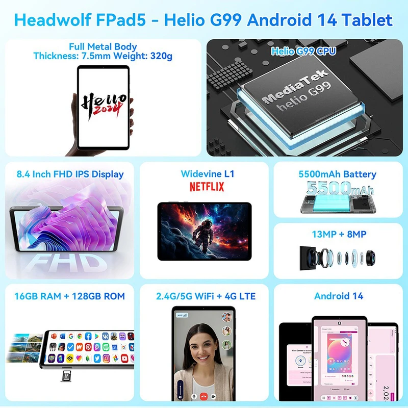 Headwolf FPad5 8.4 inch Android 14 Tablet, MediaTek G99