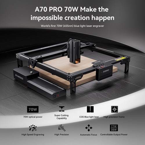 ATOMSTACK A70 PRO Lasergravierer, 70 W optische Leistung, COS-Blaulichtlaser, 0,02 mm Genauigkeit, Offline-Arbeit, 500 x 400 mm Arbeitsbereich