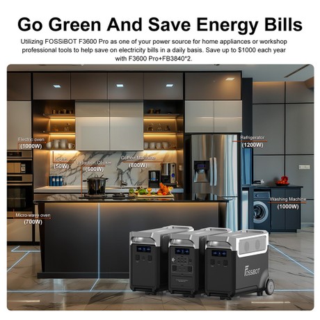 FOSSiBOT F3600 Pro Tragbare Powerstation, 2 zusätzliche Akkupacks mit erweiterbarer Kapazität, 3840Wh Lithiumbatterie, 3600W hohe Wechselstromleistung, 2000W maximale Solarladung, 1,5h Vollladung, 13 Ausgangsanschlüsse, LED-Taschenlampe