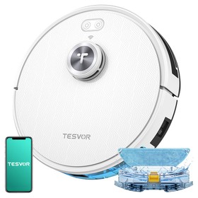 Tesvor S7 Pro Aspirateur robot avec fonction balai aspiration 6000 Pa navigation laser bac à poussière 600 ml autonomie 180 minutes zone daspiration maximale 150 m² contrôle par application  télécommande  Blanc