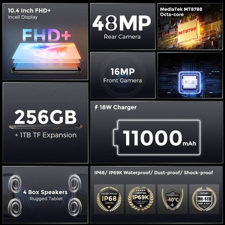 FOSSiBOT DT1 Tablet 10,4 Zoll FHD, MT8788 Octa-Core, 8 GB RAM 256 GB ROM, 16 MP Frontkamera 48 Rückkamera, Android 13 Orange