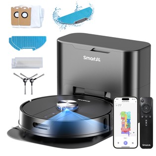 SmartAI S8 Pro Robot Vacuum Cleaner with Base Station, 5000Pa Suction Power, 380ml Water Tank, 3L Dustbin, 45+ Days Dust Storage, Remote/Voice/App Control