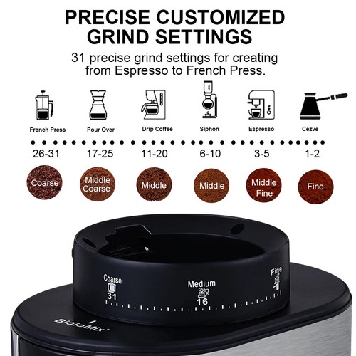 BioloMix BCG819 konisk burr kaffekvarn, med 31 malningsinställningar för turkiskt espresso kaffe, LCD-pekskärm, antistatisk