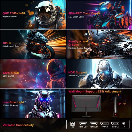 KTC Q24T09 Gaming Monitor, 24-inch 2560*1440 16:9 Fast IPS Screen, 180Hz Refresh Rate, FreeSync & G-Sync, 126% sRGB, HDR Support, Low Blue Light, Wall Mount Support &Tilt Adjustment, 2 x HDMI2.0, 2 x DP1.4, 1 x Earphone Jack
