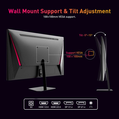 KTC Q24T09 Gaming Monitor, 24-inch 2560*1440 16:9 Fast IPS Screen, 180Hz Refresh Rate, FreeSync & G-Sync, 126% sRGB, HDR Support, Low Blue Light, Wall Mount Support &Tilt Adjustment, 2 x HDMI2.0, 2 x DP1.4, 1 x Earphone Jack