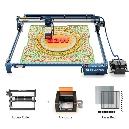 SCULPFUN S30 Ultra 33W Laser Cutter + 660*660mm Laser Bed + Rotary Roller + Enclosure (Geekbuying Poland)