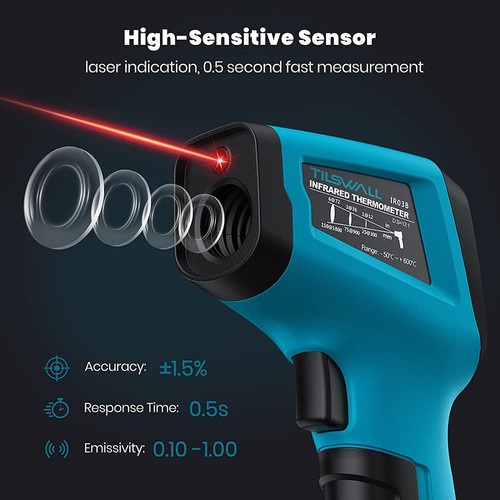 Tilswall W301 Infrarot-Thermometer, mit Sonde, berührungslos, -50~600°C (-58°F bis 1112°F), Digitalanzeige