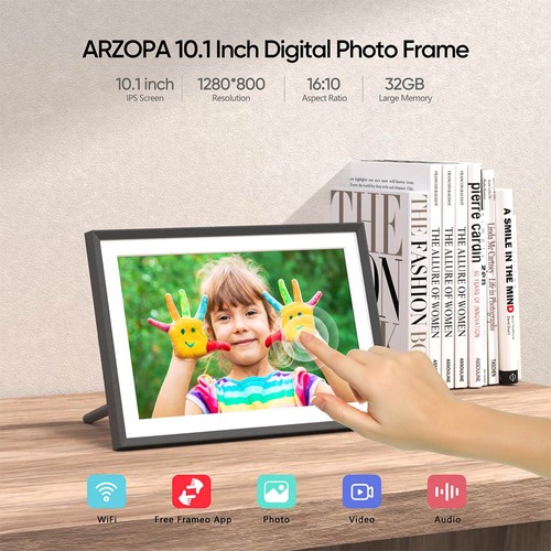 ARZOPA P101W 10,1-tums digital fotoram, 1280*800 IPS pekskärm, 32 GB lagring, automatisk rotering