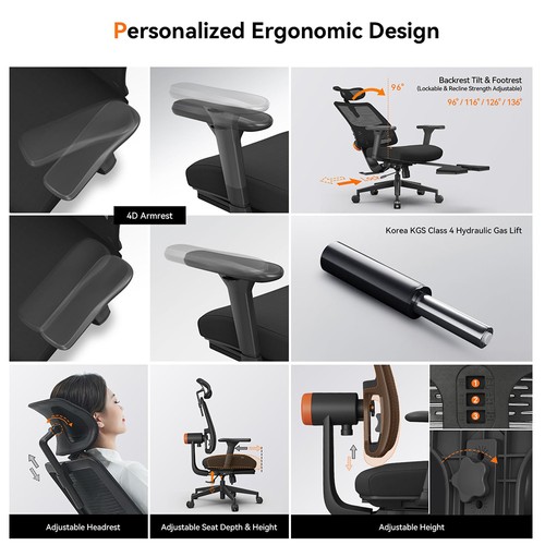 NEWTRAL MagicH-BP Ergonomischer Stuhl mit Fußstütze, Schwarz