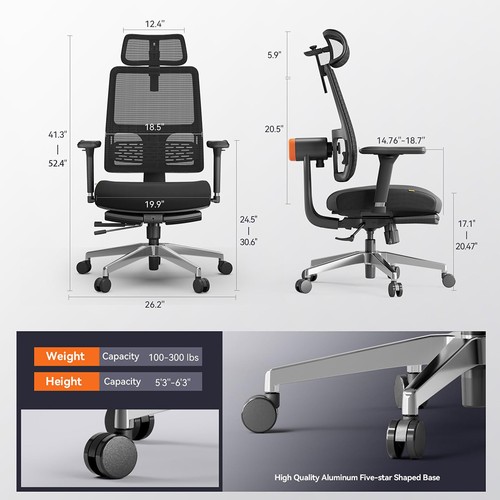 NEWTRAL MagicH-BPro Ergonomischer Stuhl mit Fußstütze, Schwarz