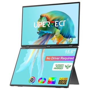 UPERFECT Delta 15.6-inch Dual Screen Portable Folding Monitor, 1920*1080 FHD IPS Screen, 60Hz Refresh Rate, 1000:1 Contrast Ratio, 360° Folding, Built-in Speaker, Built-in Stand & VESA Mountable,  2*Full-Featured Type-C, 2* mini HDMI - EU Plug