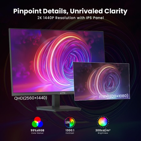 KTC H27T27 Gaming-Monitor, 27 Zoll 2560x1440 QHD IPS-Bildschirm, 100 Hz Bildwiederholfrequenz, HDR10, 1 ms Reaktionszeit, Adaptive-Sync, schwaches blaues Licht und flimmerfrei, VESA-Wandhalterung, 2 x HDMI 2.0, 1 x DP 1.4, 1 x Kopfhöreranschluss