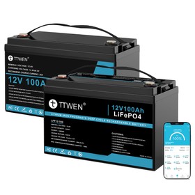 TTWEN 12V 100Ah LiFePO4 Battery Bluetooth 5.0 + LiFePO4 Non-Bluetooth