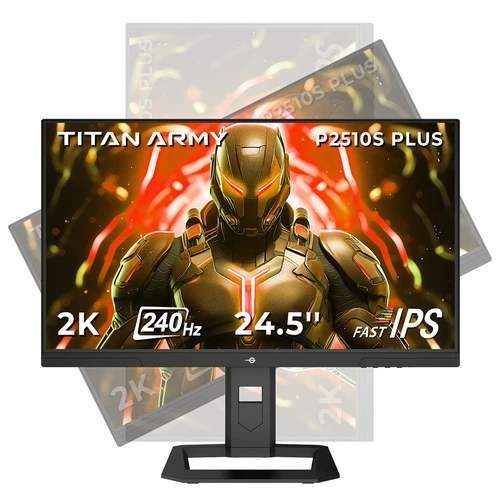 TITAN ARMY P2510S PLUS 24.5 inch Gaming Monitor, 2560*1440 16:9 Fast IPS Screen, 240Hz Refresh Rate, HDR500, 123% sRGB, Adaptive-Sync, Dynamic OD, Game+ Assist, 12 Scenario Modes, PIP & PBP Display, Low Blue Light, Height-adjustable Swivel Stand