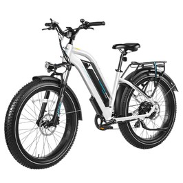 Magicycle Cruiser Pro Step-thru Electric Bike, 750W Motor, 52V 20Ah Battery, 26*4 inch Fat Tires, 28mph Max Speed, 100 Miles Range, Hydraulic Disc Brake, Hydraulic Suspension Front Fork, Shimano 7 speed - White