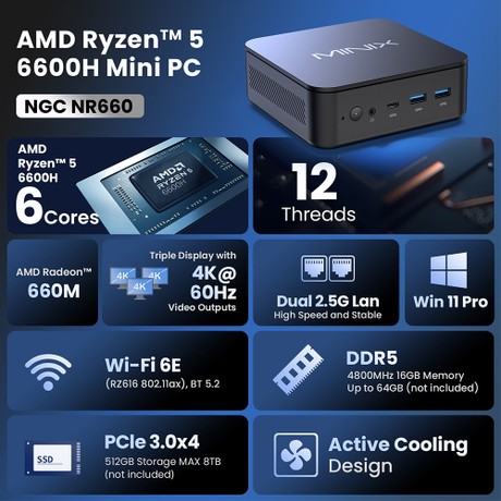 MINIX NGC NR660 Mini PC, AMD Ryzen 5 6600H 6 Cores Max 4.5GHz, 16GB RAM 512GB SSD, HDMI+DP+USB-C 4K@60Hz Triple Display, WiFi 6E Bluetooth 5.2, 3*USB 3.2 ,1*USB 2.0, 2*2.5G RJ45, 1*3.5mm Audio Jack, with VESA Mount