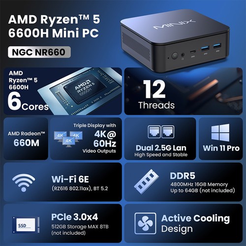 MINIX NR660 Mini PC AMD Ryzen 5 6600H 16GB RAM 512GB SSD