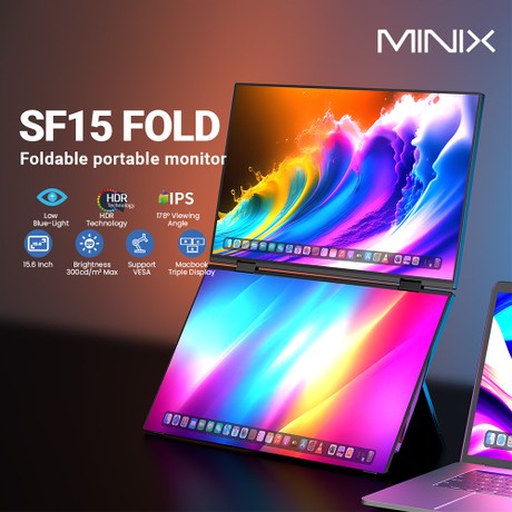 MINIX SF15 Foldable Portable Monitor, Dual 15.6 inch 1920*1080 IPS Screen, HDR, 178° Viewing Angle, Built-in Speakers