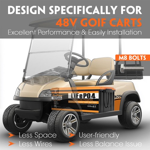 Cloudenergy GFA48-105A 48V 105Ah LiFePO4-batteri, inbyggt 250A BMS, med 20A laddare, 6000 cykler litiumbatteri för golfbil