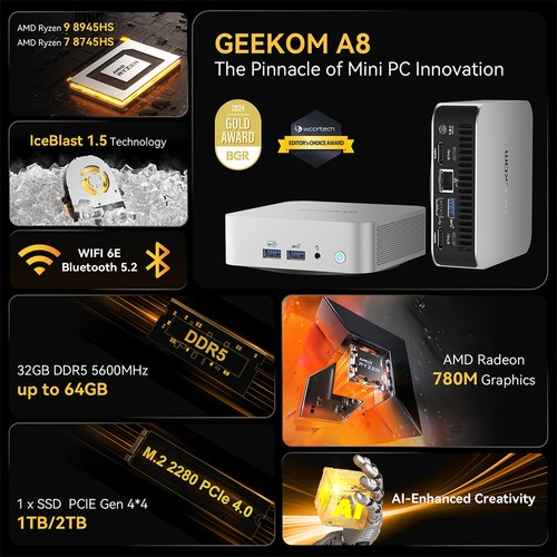 GEEKOM A8 AI Mini PC R7 8745HS 32GB 1TB