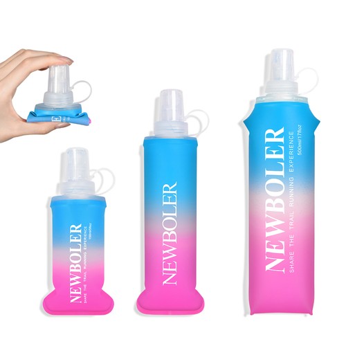NEWBOLER BOT003 Faltbare, weiche Wasserflasche, zusammenklappbare, tragbare Sportflasche, BPA-frei – 250 ml, Blau/Rosa mit Farbverlauf